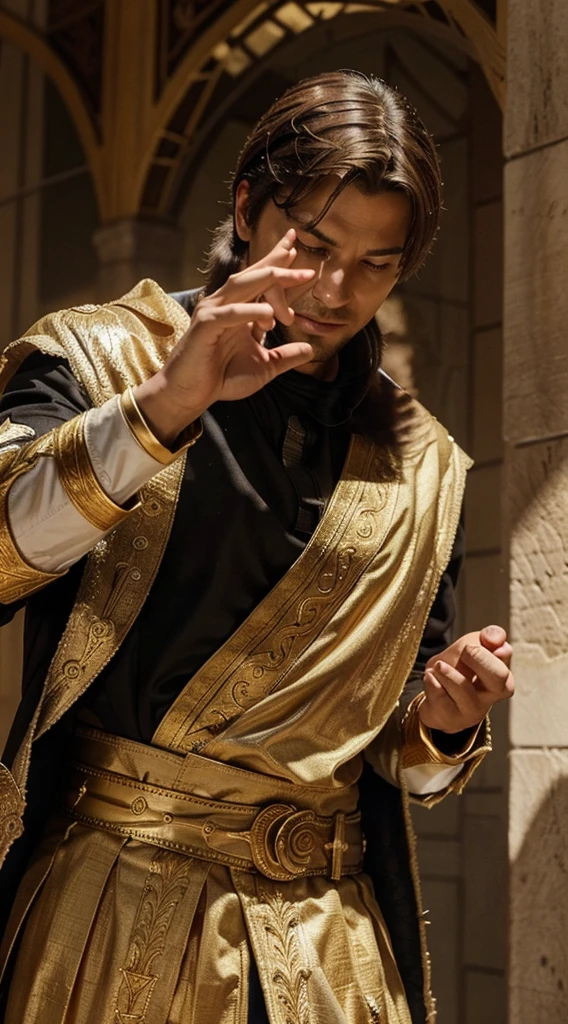 The king, impressed by the miracle, exalted Daniel's God: A representation of the king in a gesture of admiration or praise, recognizing the greatness of Daniel's God