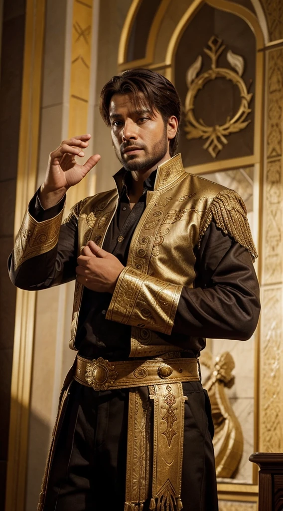 A handsome prince with a bushy mustache, big stocky body, clean skin, shirtless with unique gold decoration on the center of the chest, eight-legged star logo with luminous gold embossing, hair half-length in a bun, headband decorated with luxurious and intricate gold jewels, unique gold jewelry (at the base of the arms, wrists), and unique patterned brown batik cloth with an inlaid gold-plated leather belt Intricate Jewelry, Black Trousers with Unique Gold Embroidered Javanese Motifs, Black Mountain Sandals, Flying Above the Clouds Across the Palace decorated with intricate carvings, signifies grandmother's strength and legacy his ancestors. Very realistic.