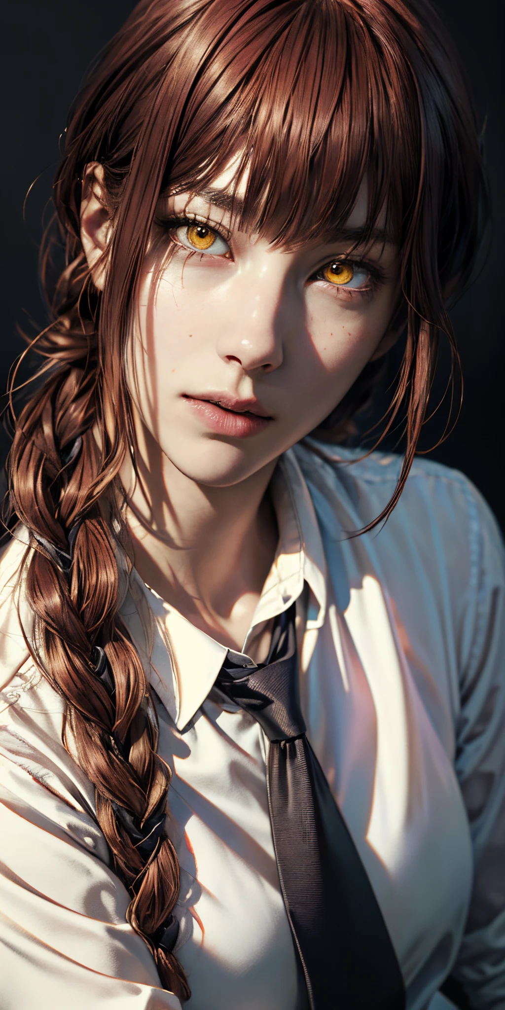 masterpiece, (photorealistic:1.4), best quality, beautiful lighting, makima \(chainsaw man\), (red hair)+(long braided hair)+(bangs), yellow eyes, golden eyes, (ringed eyes), (white shirt), (necktie),
RAW photo, 8k uhd, film grain