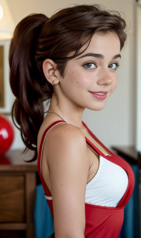 Photo of a 14 year-old american girl, .RAW, beautiful teenage girl, (Long brown hair with ponytail), light brown hair ponytail hairstyle((retrato)), ((Cara detallada:1.2)), ((Detailed facial features)), (Piel finamente detallada)  , (Masutepiece) (proporciones perfectaotos realistas)(La mejor calidad) (Detallado) fotografiado con una EOS R5 de Canon, Lente de 50 mm, f/2.8, NffSW, (8k) (papel tapiz) (cinematic lighting) (Dramatic lighting) (foco nítido) (Enrevesado) senos medianos , pechos medianos , muchas pecas en mejillas , pecas en pecho, cuerpo completo , hermoso cuerpo de muje adolesente,  lindo maquillaje , gran sonrisa  , mujer delgada escultural ,vestido de santa claus , ropa de navidad ,fondo variado , adornos de navidad , foto de cuerpo completo