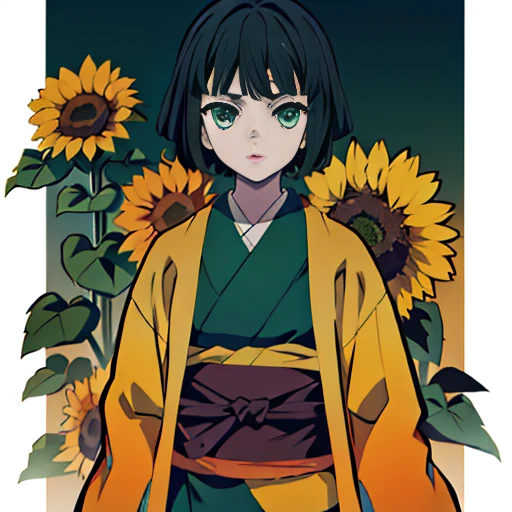 a girl with very short hair and green eyes is brown, com capa Kimono Sunflower Demon Slayer com uma katana com um rosto fofo 13 anos
