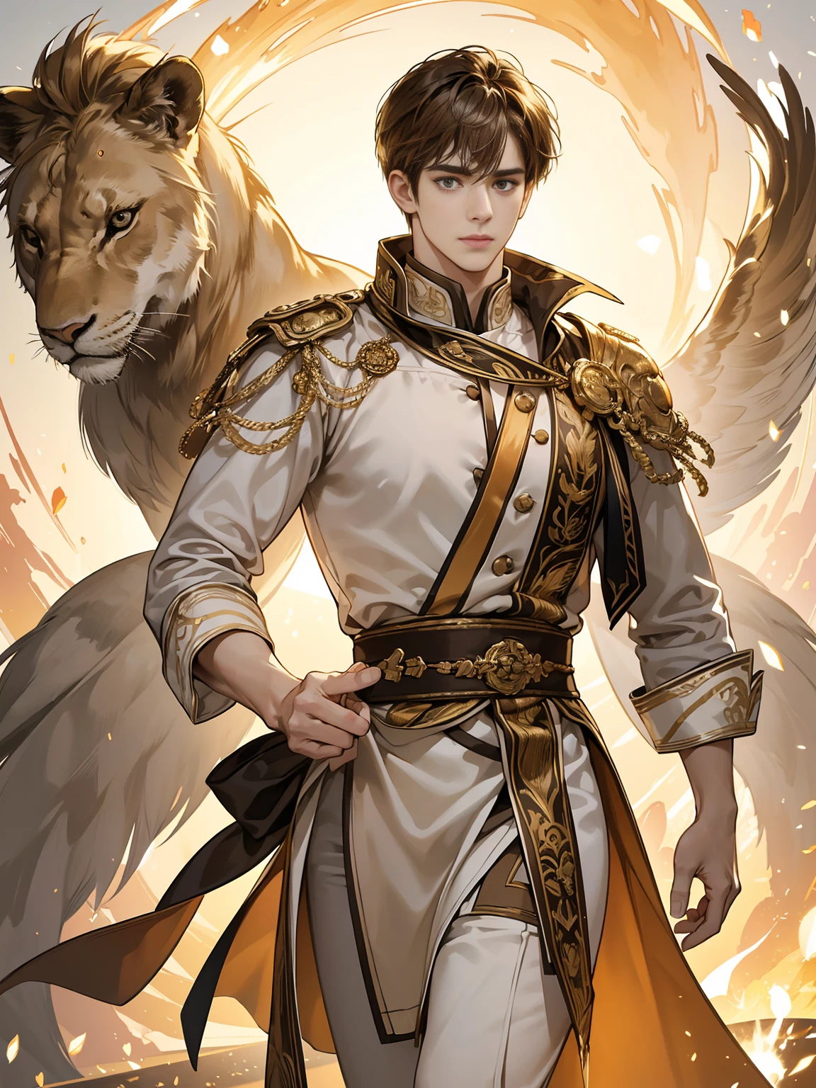 (Top quality digital art digital illustration 4k high resolution beautiful image super detailed image perfect lines soft lighting night environment smooth zoom perfect face) (1:1 Photorealistic) (Neutral Color HDR 1.4) The life of Constantine the Great。a 25-year-old man (Thoughtful expression) eyes like a lion、Very beautiful eyes、deep golden brown、Medium hair、Modern clothing、The sparkling morning sun、golden morning glow (Light background)、endless hope and happiness。Floating feeling。