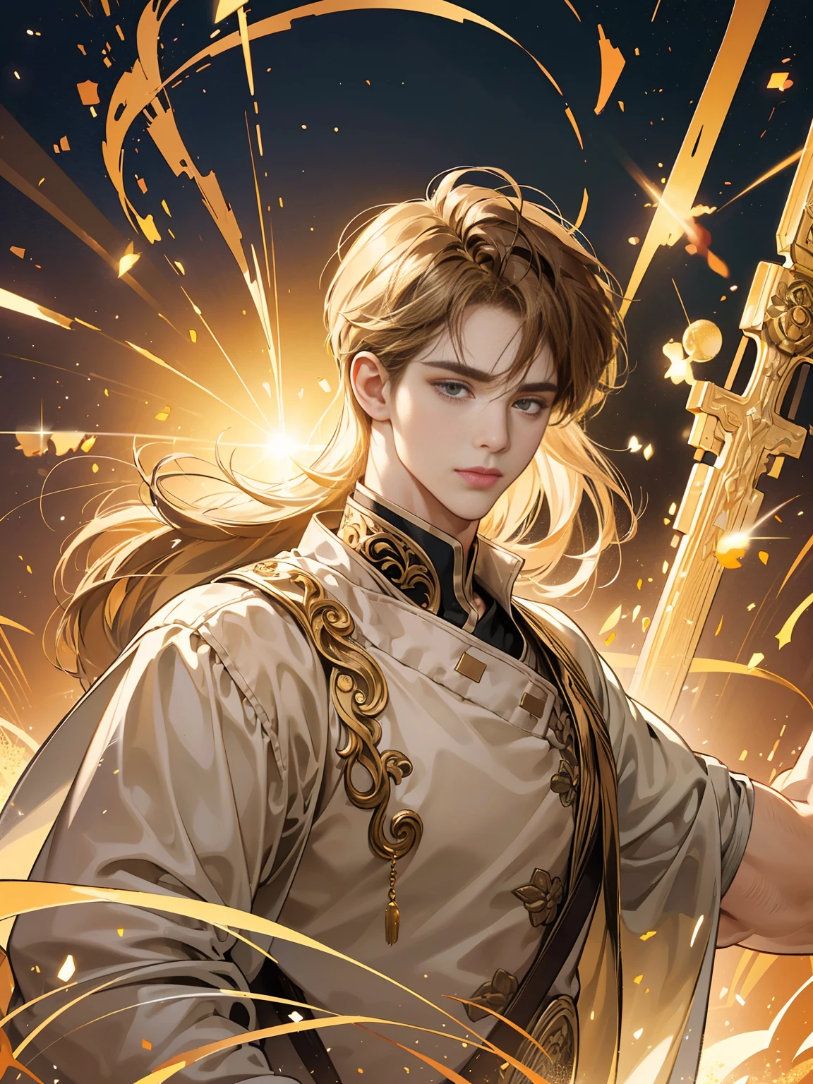 (Top quality digital art digital illustration 4k high resolution beautiful image super detailed image perfect lines soft lighting night environment smooth zoom perfect face) (1:1 Photorealistic) (Neutral Color HDR 1.4) The life of Constantine the Great。a 25-year-old man (Thoughtful expression) eyes like a lion、Very beautiful eyes、deep golden brown、Medium hair、Modern clothing、The sparkling morning sun、golden morning glow (Light background)、endless hope and happiness。Floating feeling。