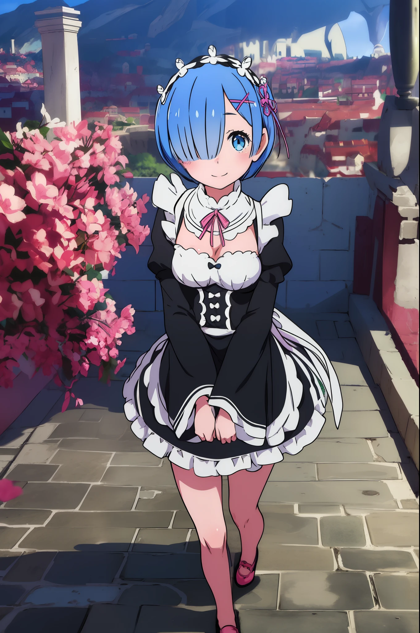 remrezero, 1girl, solo, breasts, looking at viewer, blush, smile, short hair, blue eyes, hair ornament, ribbon, blue hair, outdoors, detached sleeves, hair over one eye, maid, maid headdress, x hair ornament, pink ribbon, roswaal mansion maid uniform, photo background