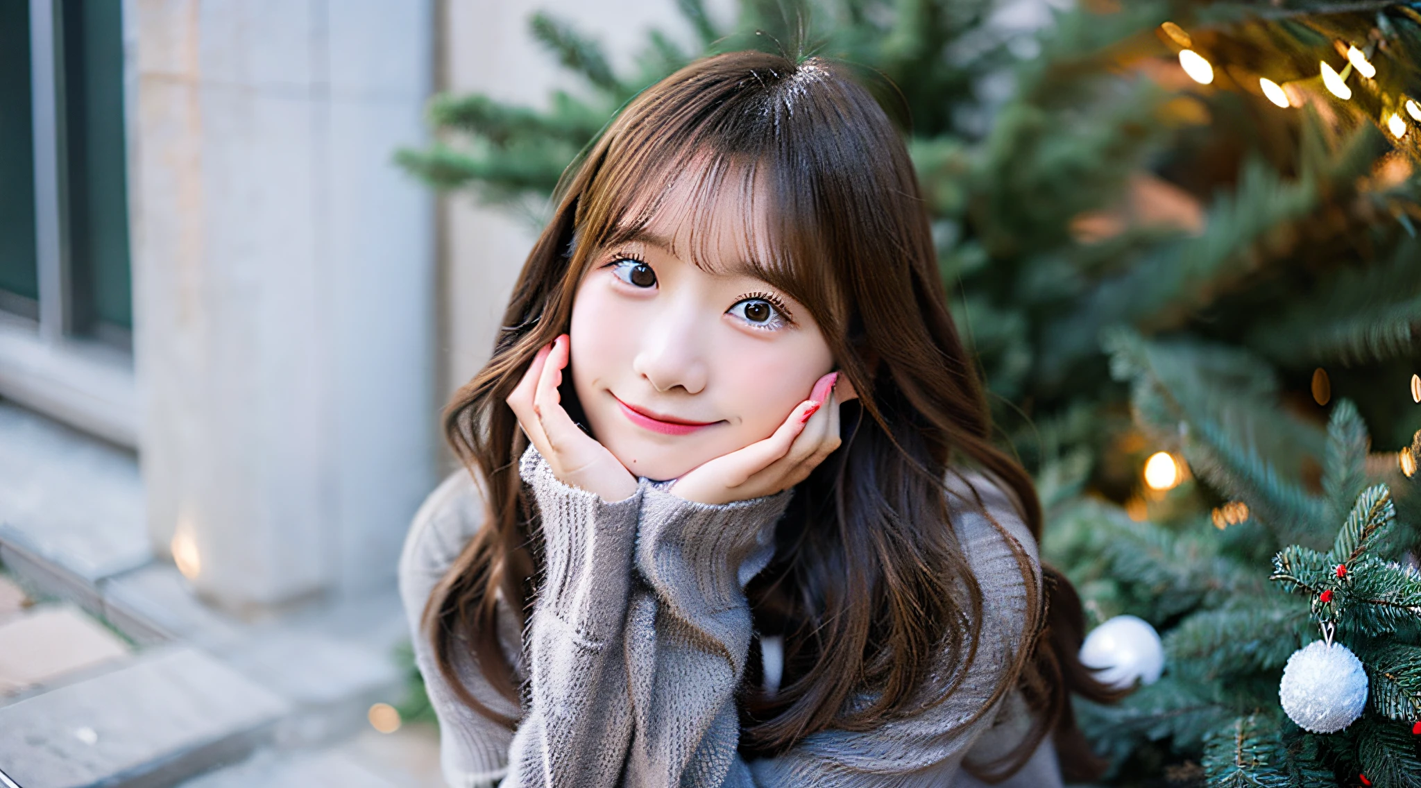 Cute high school girl, 18 years old, Wearing a gray miniskirt、Christmas tree
