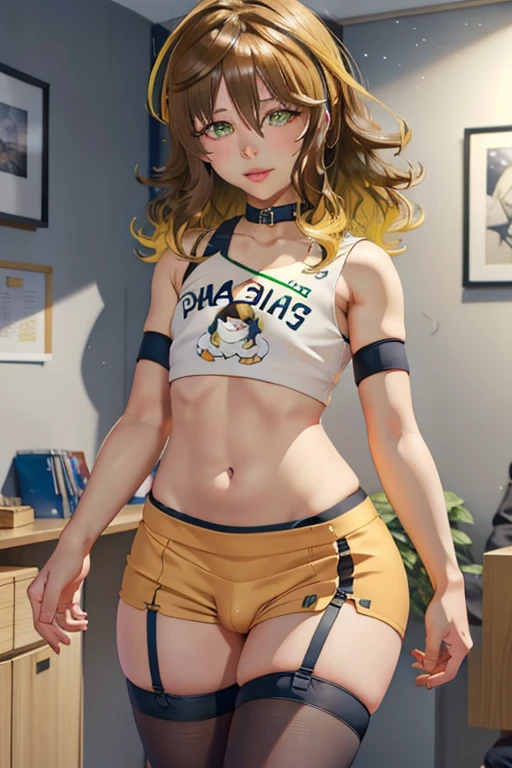 amicia michella - nijisanji, anime style, 1boyl, brown short hair, yellow inner hair, wavy hair, green eyes, midriff, girly face, seductive, thin lips, painted lips, shy smile face, wide hips, thick thighs, huge round ass, full flat chest, bulge, white shirt, black medium skirt, thigh high, garter, full body, dynamic pose, office, nsfw