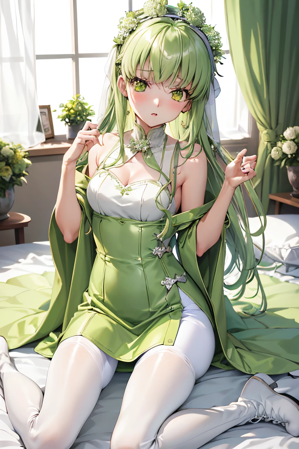 masutepiece, Best Quality, 1girl in, (C.C),Green head hair, (Green eye:1.2),((weddingdress))、((robe blanche))、length hair、((embarassed expression))、((Bedroom))、((long boots))、((a miniskirt))、((pantyhose))、