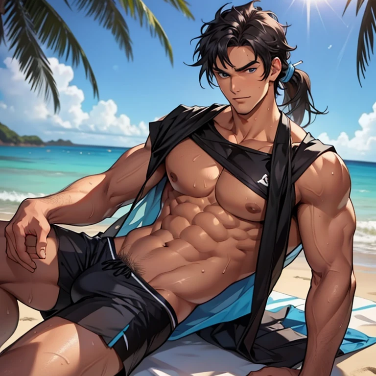 black hair color hair, Handsome guy with blue eyes and abs lying on the beach，Wear plastic wrap swim trunks，8K，optic，Oh really，rays of sunshine，Abdominal hair，Sweaty legs