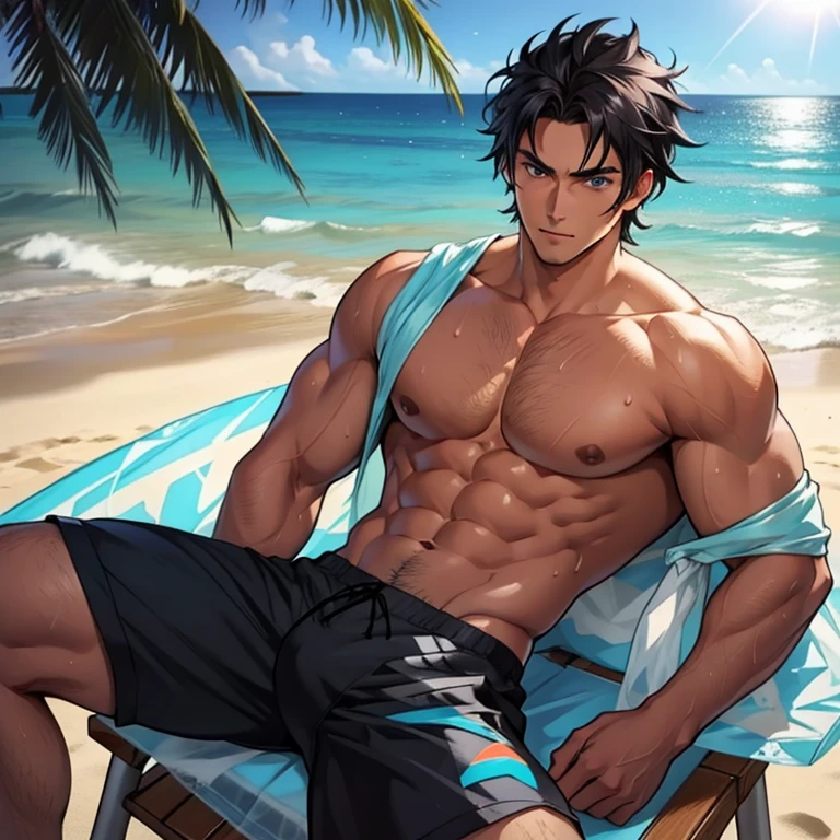 black hair color hair, Handsome guy with blue eyes and abs lying on the beach，Wear plastic wrap swim trunks，8K，optic，Oh really，rays of sunshine，Abdominal hair，Sweaty legs