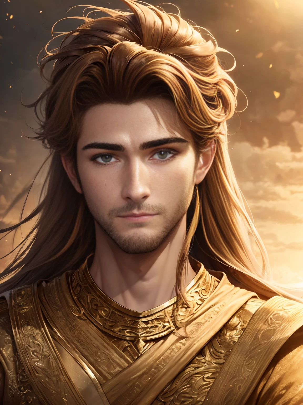 (Top quality digital art digital illustration 4k high resolution beautiful image super detailed image perfect lines soft lighting night environment smooth zoom perfect face) (1:1 Photorealistic) (Neutral Color HDR 1.4) The life of Constantine the Great。a 25-year-old man (Thoughtful expression) eyes like a lion、Very beautiful eyes、deep golden brown、Medium hair、Modern clothing、golden sunset (Light background)、lyrical、