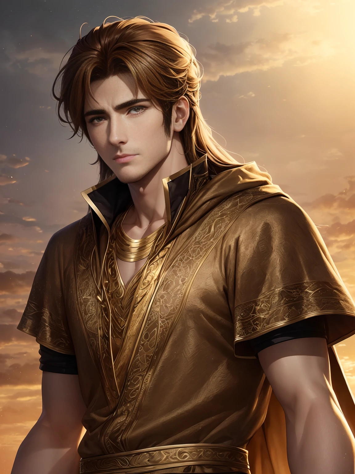 (Top quality digital art digital illustration 4k high resolution beautiful image super detailed image perfect lines soft lighting night environment smooth zoom perfect face) (1:1 Photorealistic) (Neutral Color HDR 1.4) The life of Constantine the Great。a 25-year-old man (Thoughtful expression) eyes like a lion、Very beautiful eyes、deep golden brown、Medium hair、Modern clothing、golden sunset (Light background)、lyrical、