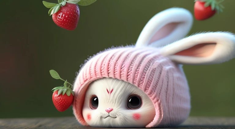 : 3. bunny, realistic, furry animal, apple, black eye, blush, cherry, food, fruit, full body, hat, non-human, strawberry, tomato, watermelon