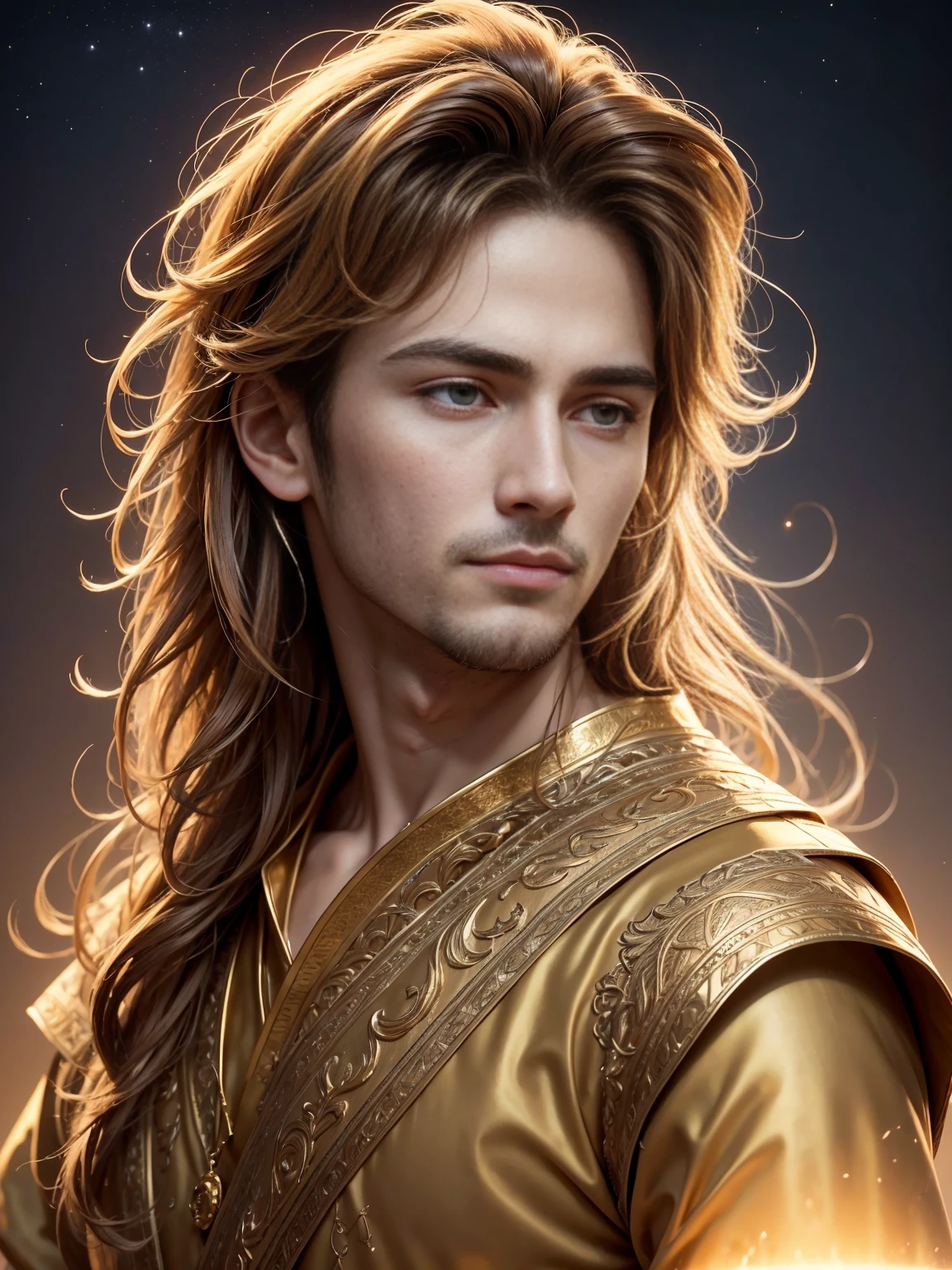 (Top quality digital art digital illustration 4k high resolution beautiful image super detailed image perfect lines soft lighting night environment smooth zoom perfect face) (1:1 Photorealistic) (Neutral Color HDR 1.4) The life of Constantine the Great。a 25-year-old man (Thoughtful expression) eyes like a lion、Very beautiful eyes、deep golden brown、Medium hair、Modern clothing、golden sunset (Light background)、lyrical、