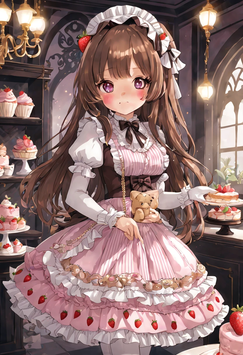 2girls、cute little、panoramic view, head to feet view, masterpiece, top-quality、Top image quality, a village bakery shop  table with beautiful highly detailed gold tier cake stand with whipped cream pastries fruits, slice of cake, bear shaped butter cookies,  french pastries, detailed coffee cup, background, loli cute waitress, miuna, slender, (brown hair:1.3), cute face, sparkle big brown lavender purple eyes long lashes, medium breasts, (long hair:1.2) detailed cute strawberry ribbon waitress head-dress, full body, (round face:1.4), (round chin:1.4), (glossy lips:1.2),jirai kei,Smile, BREAK, ((gothic lolita janska:1.5)), (Wain reddo jewelry decorated waitress striped pink white and brown dress, lace decoration),((Princess in a gorgeous rococo ball gown decorated with beautiful pink white strawberry pattern and gold embroidery and jewels, with a voluminous full-length hoop skirt with ruffles)), ((crinoline)), (sparkle) of the anime girl, normal hands, detailed five fingers on each hand, 2 hands, 2 legs, 2 feet, white stocking, thigh-highs, lace, brown heel shoes open toe, standing in a dynamic pose, adorned with kawaii accessories cute teddy-bear charms, detailed ((golden chain attached to a brown teddy-bear face plush purse)),  muted colors, pale pastel colours,  at background detailed cute fluffy brown bear table of desserts fruits, soft warm inviting,pastel brown, white, yellow, light pink colors,  striped pink white and pink bakery party, illustration in the style of @ekureea on X twitter, Lolita glam dress, art by @hareroom1 on Twitter, beautiful line art, manga, beautiful line art, manga style, manga art style, pencil and ink caricature drawing, flat colours, detailed, attention to detail,