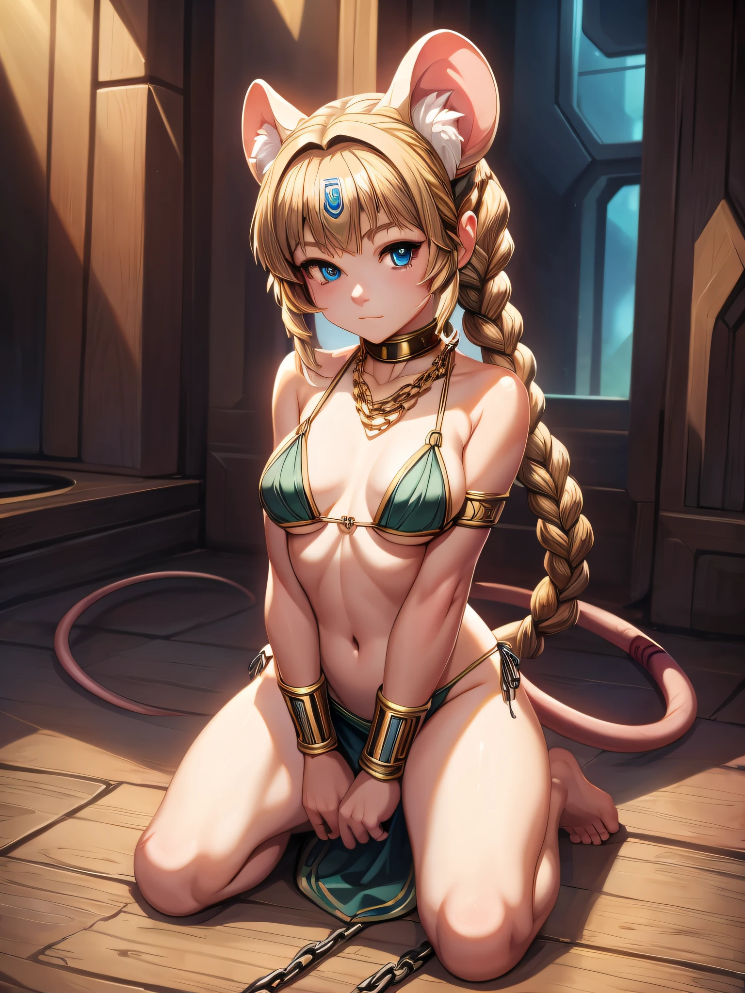 (Masterpiece) (High Detail) (High Res) A short humanoid girl with blue eyes and long blonde hair in a single long braid and blonde mouse ears and a short thin mouse tail and small breasts. She is wearing a Princess Leia style gold and dark green bikini and long burgundy loin cloth. She has a chain around her neck and is kneeling on the floor.