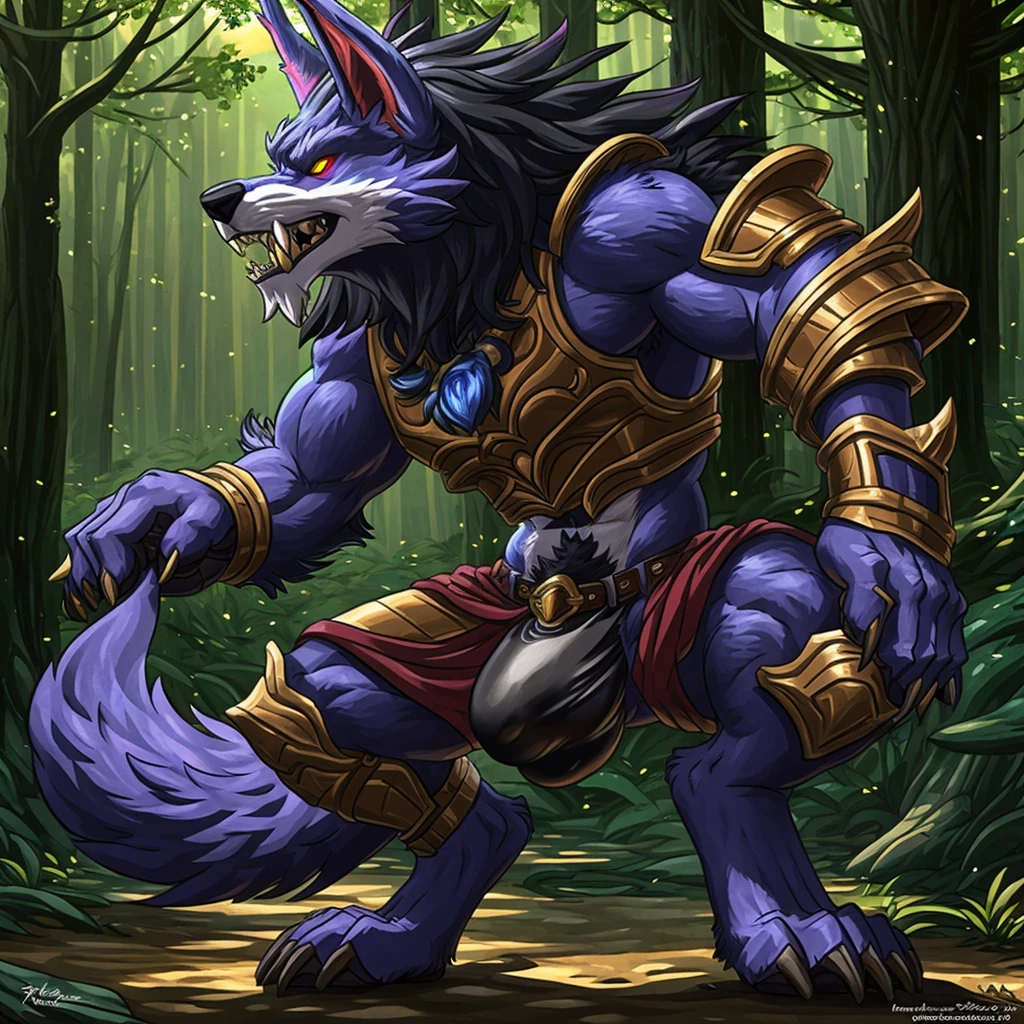 (by jaykat:1), (by zackary911:0.8), (by fluff-kevlar:1), (by wfa:1.3), masterpiece, (warwick league of legends:1.3), (anthro), (wolf:1.3), male, (solo), ultradetailed, (detailed fur texture:1.3), (correct anatomy:1.2), (detailed leather armor:1.2), leather loincloth, (growling), (detailed eyes:1), (detailed face:1.2), (detailed fangs:1.5), (correct anatomy of hands:1.5), (correct anatomy of feet:1.2), (digitigrade:1.2), full body, (big black mane:1.2), (Happy trail:1.2), (Dark forest), (tail:1.2), (detailed canine bulge:1.2), (tail:1.1), (biped:1)