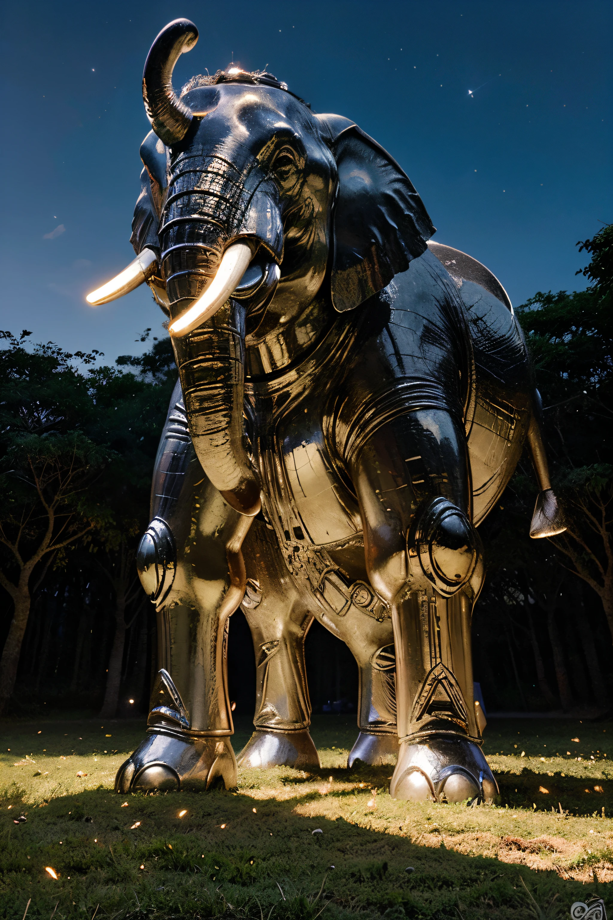 Em um campo rasteiro de grama prateada, banhado pela luz suave da lua, ergue-se imponente um elefante branco esculpido em pedras preciosas. His massive and majestic figure stands out against the night scene. O elefante'His wife's skin is carved in intricate detail in sparkling gemstones, creating a mosaic of dazzling colors that dance in the moonlight.
A tromba do elefante, curvando-se graciosamente para o alto, It is a masterpiece carved from the rarest and brightest stones, standing out as a symbol of elegance and power. Every detail of the torso seems to capture the essence of strength and grace, enquanto reflexos cintilantes emanam dela.
O campo de grama prateada abaixo do elefante'The feet serve as a natural carpet that further enhances the magnificence of the creation.. A grama prateada parece refletir a luz da lua, criando um soft, ethereal glow across the field.