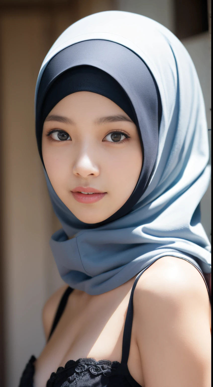 ((lebanese)), ((hijabi)), cleavage, masterpiece, best quality, 8k, 15yo, , raw photo, absurdres, award winning portrait, solo, night, neon, idol face, violaceaess, gardeniass, delicate girl, upper body, DSLR, looking at viewer, candid, sophisticated, youthful, smile, professional lighting, film grain, chromatic aberration, (detailed eyes and face:1.0), (bokeh:1.1)