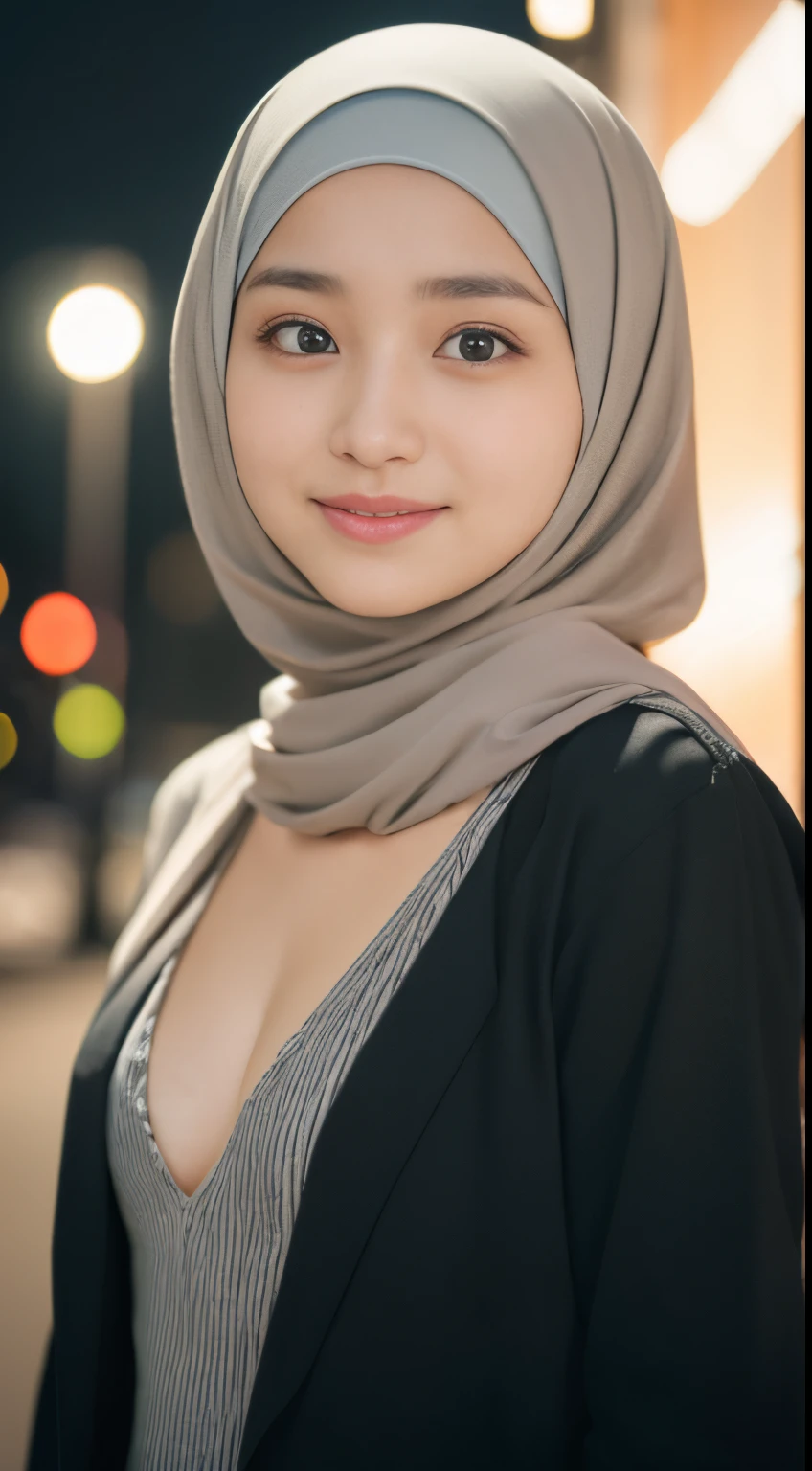 masterpiece, Best Quality, High resolution, 32K, (Night time:1.5) (hijab:1.2, Sexy mature Malaysian wife:1.9), (Put her hands up:1.7, Exposed realistic shaved armpits:1.8, in messy street at night:1.7, In Malaysia:1.2), (Shoulder Long Sleeve Crop Top shirt :2.0, Huge breasts:1.1), (Full body shot:1.15), hyper detailed face, Ultra-realistic skin texture, Detailed face,