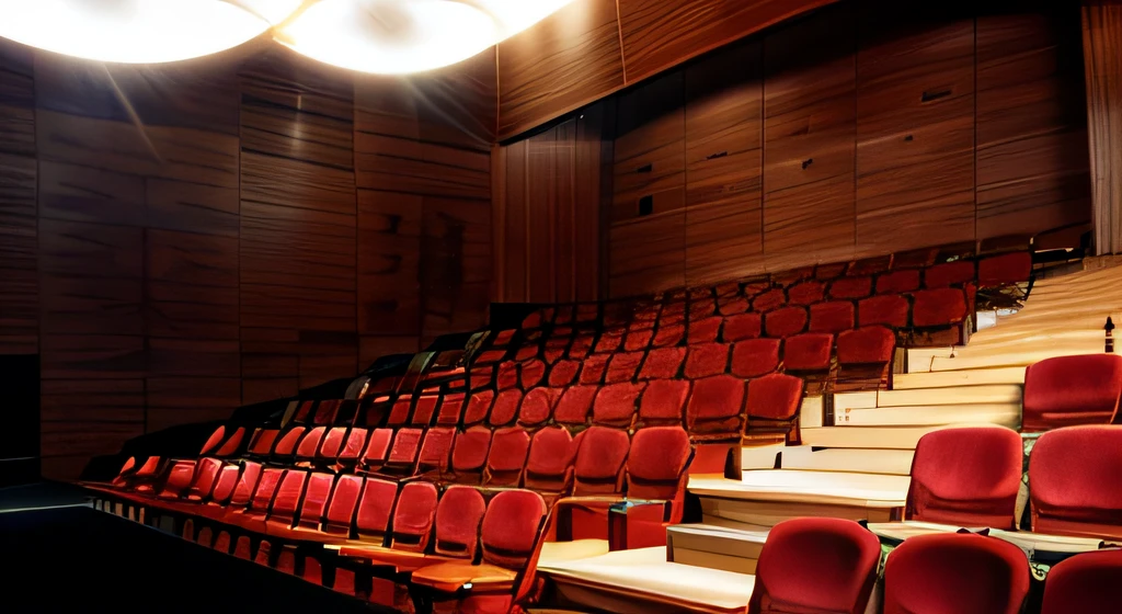 Raw photo, realistic interior space a concert hall opera house singing, auditorium view with many audience dark red seats.The walls are decorated with dark wooden slats::1.2 sound-absorbing materials, Wooden slats::1.2 ceiling with point light sources, volumetric lights are light sources, dramatic rendering, warm light::1.2, delicate rendering, point light::1.5,  high visibility ,image filling, UHD, best quality, High resolution High resolution, high quality, HD, 8k