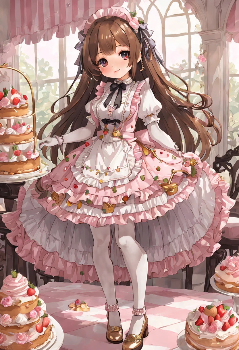 2girls、cute little、panoramic view, head to feet view, masterpiece, top-quality、Top image quality, a village bakery shop  table with beautiful highly detailed gold tier cake stand with whipped cream pastries fruits, slice of cake, bear shaped butter cookies,  french pastries, detailed coffee cup, background, loli cute waitress, miuna, slender, (brown hair:1.3), cute face, sparkle big brown lavender purple eyes long lashes, medium breasts, (long hair:1.2) detailed cute strawberry ribbon waitress head-dress, full body, (round face:1.4), (round chin:1.4), (glossy lips:1.2),jirai kei,Smile, BREAK, ((gothic lolita janska:1.5)), (Wain reddo jewelry decorated waitress striped pink white and brown dress, lace decoration),((Princess in a gorgeous rococo ball gown decorated with beautiful pink white strawberry pattern and gold embroidery and jewels, with a voluminous full-length hoop skirt with ruffles)), ((crinoline)), (sparkle) of the anime girl, normal hands, detailed five fingers on each hand, 2 hands, 2 legs, 2 feet, white stocking, thigh-highs, lace, brown heel shoes open toe, standing in a dynamic pose, adorned with kawaii accessories cute teddy-bear charms, detailed ((golden chain attached to a brown teddy-bear face plush purse)),  muted colors, pale pastel colours,  at background detailed cute fluffy brown bear table of desserts fruits, soft warm inviting,pastel brown, white, yellow, light pink colors,  striped pink white and pink bakery party, illustration in the style of @ekureea on X twitter, Lolita glam dress, art by @hareroom1 on Twitter, beautiful line art, manga, beautiful line art, manga style, manga art style, pencil and ink caricature drawing, flat colours, detailed, attention to detail,