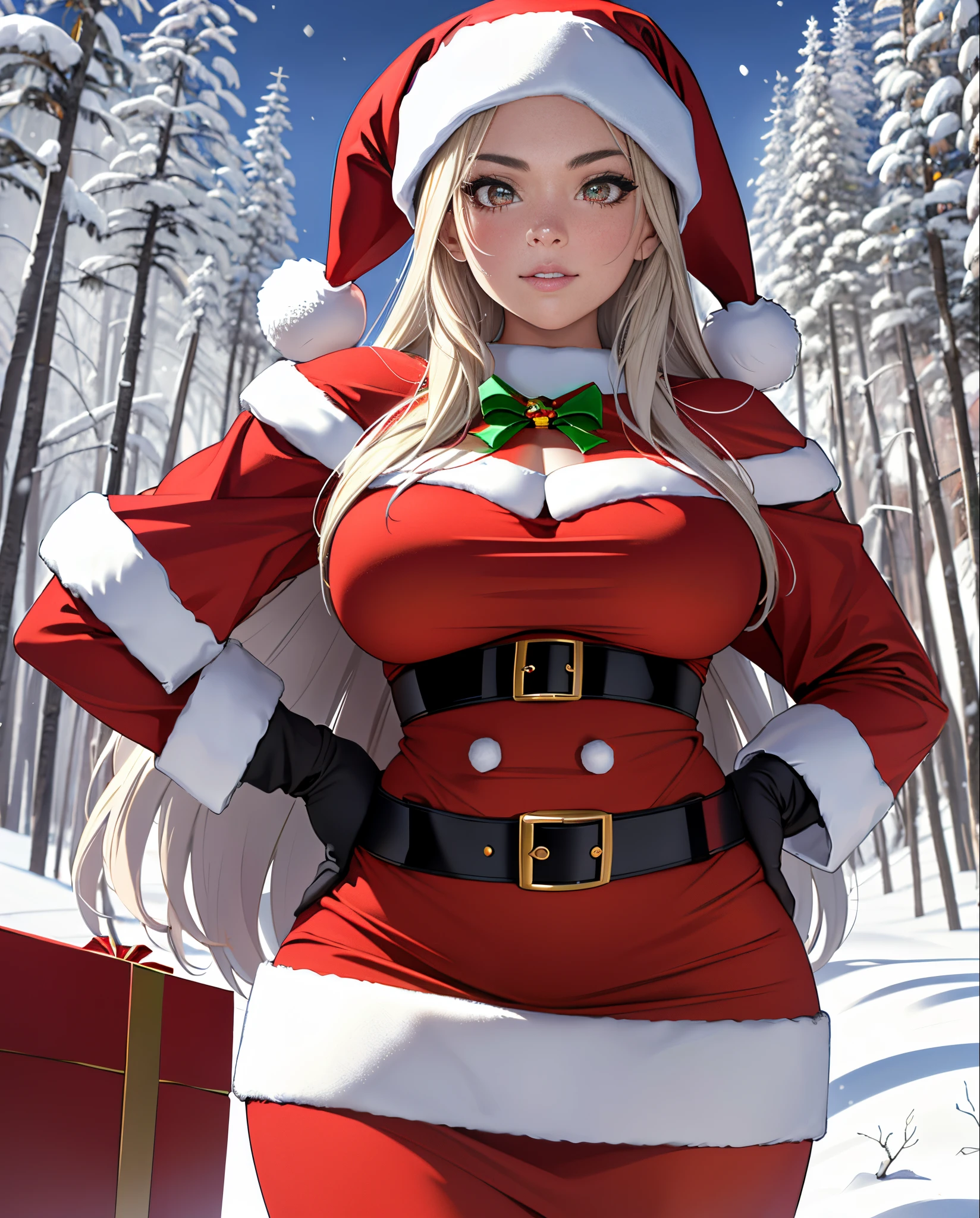 (Hermosa mujer)，Navidad，Un cabello oscuro，Bobsleigh medio，(Vestido con el traje de Santa Claus:1.4), More detailed 8K.motor irreal:1.4,UHD,La mejor calidad:1.4, fotorrealista:1.4, textura de la piel:1.4, obra maestra:1.8,obra-prima, mejor calidad,objeto Objeto], (detailed face features:1.3),(bosque congelado nieve:1.4),posing for camera:1.4), (manos Detallado:1.4),Minifalda roja :1.4)