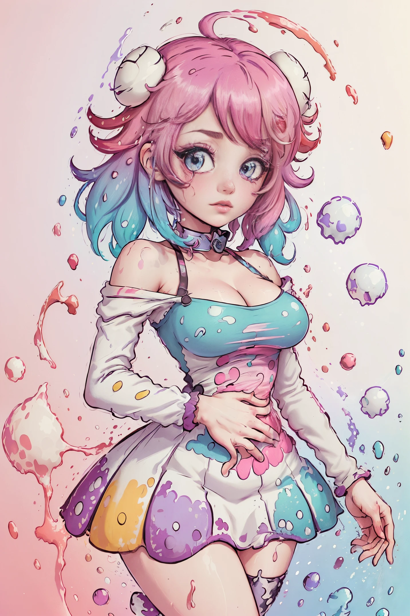 A female with a multicolored background, (((masterpiece))),(((best quality))),((ultra-detailed)), (illustration), (dynamic angle), ((floating)), (paint),((disheveled hair)),(solo),(1girl), ((medium breasts)), (((detailed anime face))), ((beautiful detailed face)), collar, bare shoulders, aqua hair, ((colorful hair)),((streaked hair)), beautiful detailed eyes,(Gradient color eyes),(((colorful eyeulticolored background, red background, white background, blue background, purple background, pink background, white background, (((colorful background))), (((gradient colored background))), (((high saturation))),(((surrounded by colorful splashes))),(((surrounded by colorful dot))), colorful bubble, ((shining)),