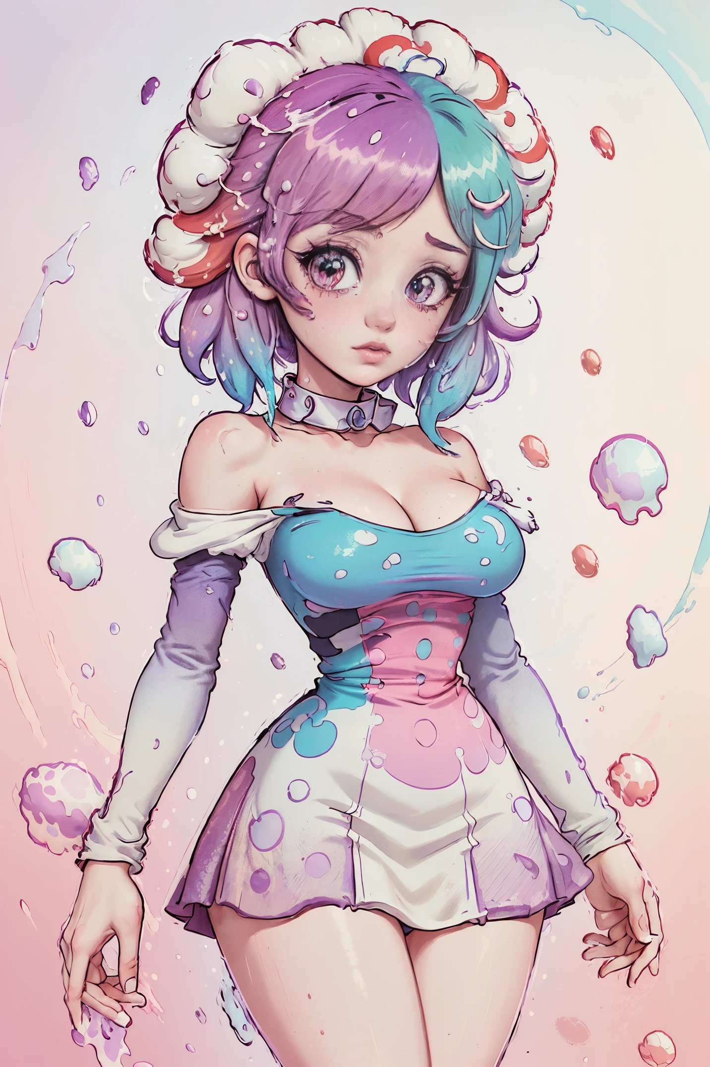 A female with a multicolored background, (((masterpiece))),(((best quality))),((ultra-detailed)), (illustration), (dynamic angle), ((floating)), (paint),((disheveled hair)),(solo),(1girl), ((medium breasts)), (((detailed anime face))), ((beautiful detailed face)), collar, bare shoulders, aqua hair, ((colorful hair)),((streaked hair)), beautiful detailed eyes,(Gradient color eyes),(((colorful eyeulticolored background, red background, white background, blue background, purple background, pink background, white background, (((colorful background))), (((gradient colored background))), (((high saturation))),(((surrounded by colorful splashes))),(((surrounded by colorful dot))), colorful bubble, ((shining)),