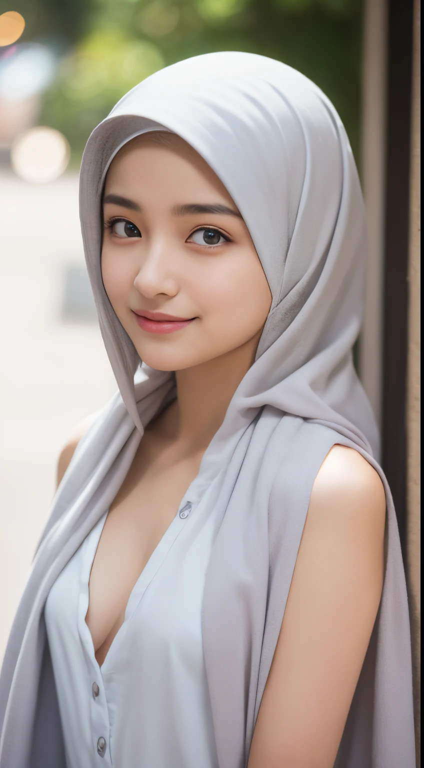 cleavage, (((hijabi))), masterpiece, best quality, 8k, 18yo, teen, raw photo, absurdres, award winning portrait, smile, smile, solo, night, neon, idol face, violaceaess, gardeniass, delicate girl, upper body, DSLR, looking at viewer, candid, sophisticated, youthful, thin arms, professional lighting, film grain, chromatic aberration, (detailed eyes and face:1.0), (bokeh:1.1)