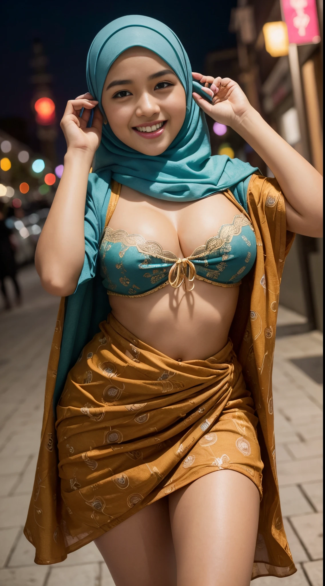 Cute malay girl in hijab wearing patung dress with seducing pose, big smile, laughing, happy, big front teeth, bustling nighttime city, wearing hijab, bright golden color hijab, small tits, small breast, flat chest, wide waist, thick thighs bright lighting, big round ass, cute face, slim abs, 35mm lens, Extreme close-up, pastel color grading, depth of field cinematography effect, romantic film genre, 8k resolution, high quality, ultra detail,