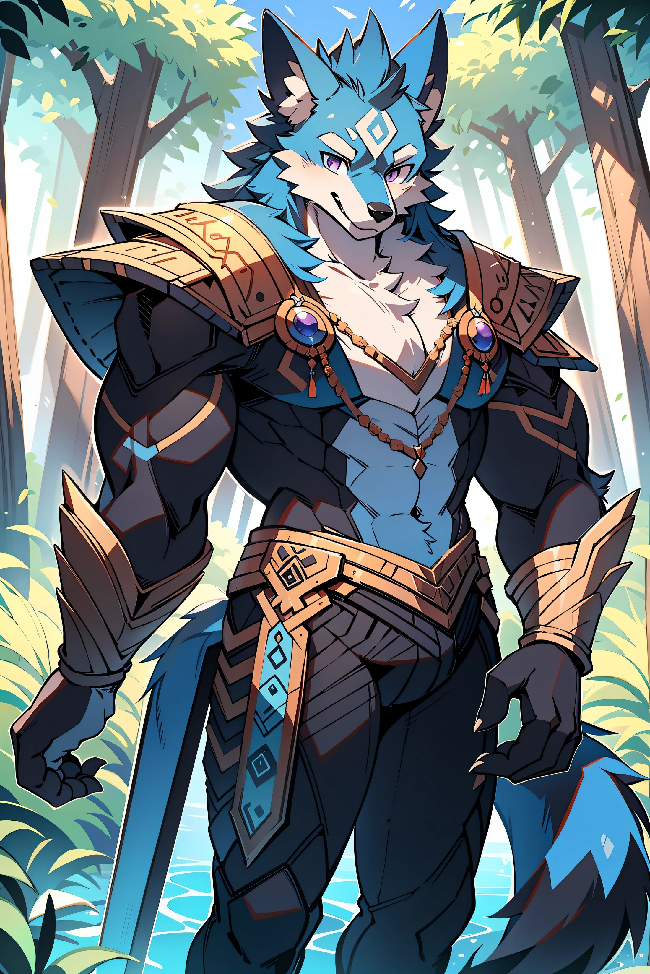 The male wolf is 180 cm tall，bluish violet eyes, , cabelos preto e longos, end,  The upper body shows off the perfect body，red and black costume，with smile，Two small ears，Stand with fair skin ，at a forest