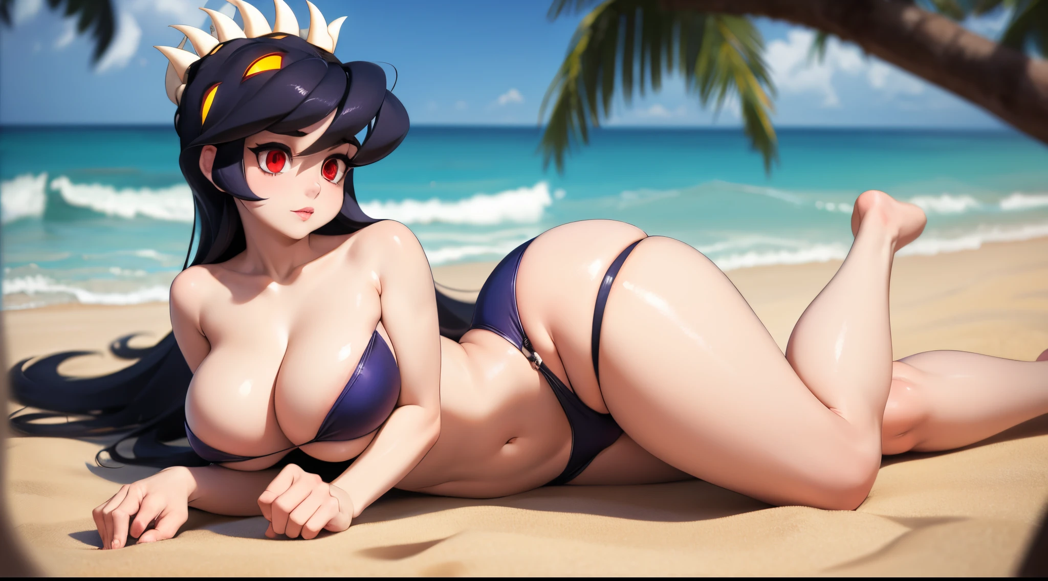 Filia, erotic pose, lying in the sand, full body, naked body, long hair, huge and detailed eyes, big boobs, tiny waist, wide hips, big ass, opened legs, beautiful lady hands, long legs, covering her nakedness with her hands.