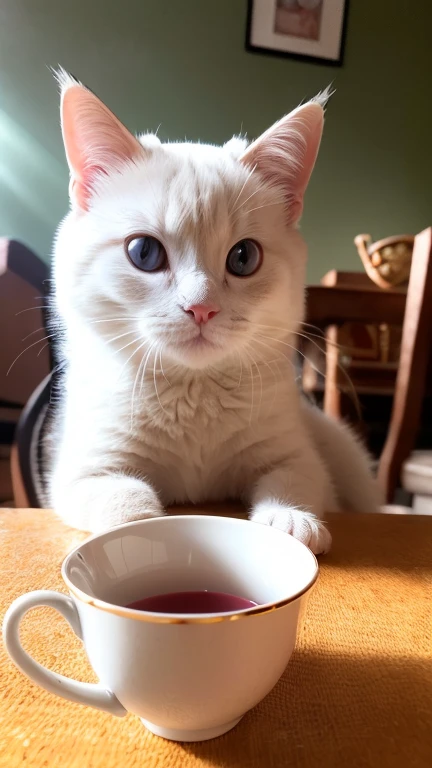white grey with Round Pupils, (Himalayan), (Small)))), in a teacup, Face, Front paws out, 8K, Professional photo, Delicate, Clear, On the table, Inside the house, Sunshine, Light Leak, Masterpiece, ((Pretty))), Fashionable Teacup, (Reality), Plush Toy, Round Pupils