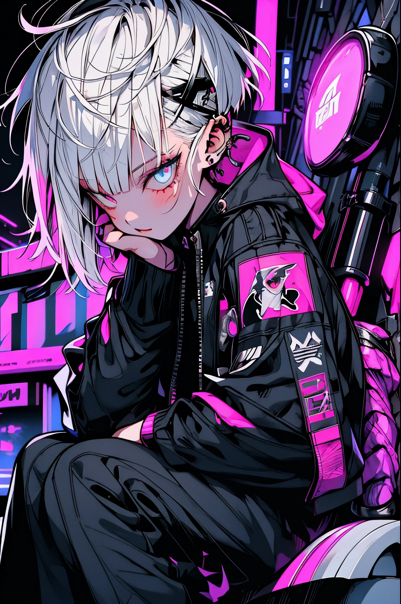 girl, White hair, Cool Black Open Short Jacket, The tattoo, Messy Fade Cut Hair, Crazy, sit pose, Futuristic neon night street background,