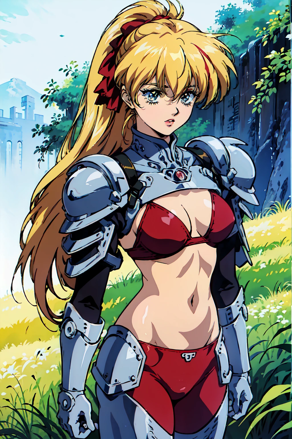 "(masterpiece:1.1), best quality, NSFW,
1girl, (80s anime style:1.3), (eyelashes:1.5),(loli:1.2),
(intricate high detailed body:1.2),
(yellow hair:1.1),
(blunt bangs:1.1), (long hair, straight hair:1.1), (headband:1.2),
brown eyes, (lip stick:1.3), (thick eyebrows:1.1),
(huge breasts:1.1),
(happy, smile:1.2), open mouth,
(silver embroidery leotard armor, corset:1.2), (pantyhose:1.1),
(knight armor, armored boots:1.2), (suspenders:1.1), (hoop earrings:1.1), bracelet,
standing,
(upper body, cowboy shot, looking at viewer, from front:1.1),
(daytime, grassland, outdoors:1.1)"
