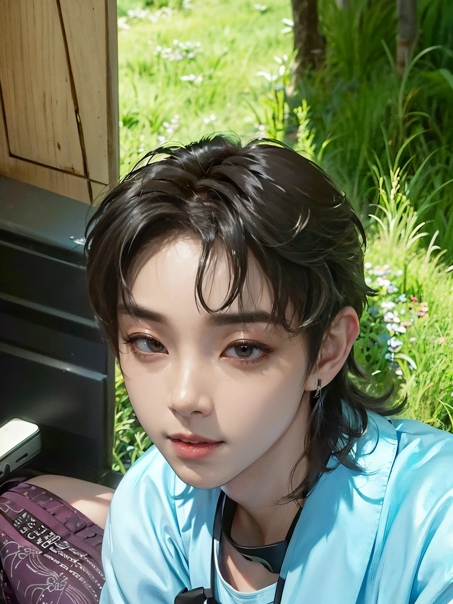 ((4K works))、masterpiece、(top-quality)、((high-level image quality))、((One Manly Boy))、Slim body、((Attractive and sexy fashion))、((Men's Fashion))、((Holding a backpack and iPhone in hand))、(Detailed beautiful eyes)、In a fashionable city、Sitting on the curb and listening to music、Face similar to Chaewon in Ruseraphim、((short hair above the ears))、((Smaller face))、((Neutral face))、((Light brown eyes))、((Korean boy))、((18year old))、((Handsome man))、((Teeth and smile expression))、((Korean Makeup))、((elongated and sharp eyes))、((photo of a model))、((Like a celebrity))、Professional Photos、((Shot alone))、((Sitting on the curb and listening to music through headphones))、((He sits in front of the viewer))、((Shot diagonally up from the front))、((Upper body photography))、((Hold your iPhone in your hands、Look at your iPhone screen))