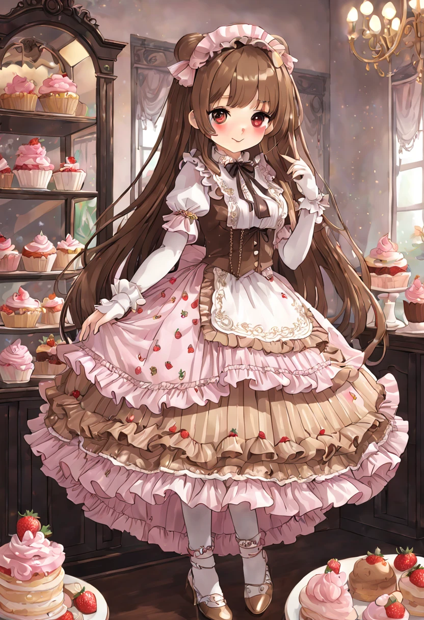 2girls、cute little、panoramic view, head to feet view, masterpiece, top-quality、Top image quality, a village bakery shop table with beautiful highly detailed gold tier cake stand with whipped cream pastries fruits, slice of cake, bear shaped butter cookies, french pastries, detailed coffee cup, background, **** cute waitress, miuna, slender, (brown hair:1.3), cute face, sparkle big brown lavender purple eyes long lashes, medium breasts, (long hair:1.2) detailed cute strawberry ribbon waitress head-dress, full body, (round face:1.4), (round chin:1.4), (glossy lips:1.2),jirai kei,Smile, BREAK, ((gothic ****ta janska:1.5)), (Wain reddo jewelry decorated waitress striped pink white and brown dress, lace decoration),((Princess in a gorgeous rococo ball gown decorated with beautiful pink white strawberry pattern and gold embroidery and jewels, with a voluminous full-length hoop skirt with ruffles)), ((crinoline)), (sparkle) of the anime girl, normal hands, detailed five fingers on each hand, 2 hands, 2 legs, 2 feet, white stocking, thigh-highs, lace, brown heel shoes open toe, standing in a dynamic pose, adorned with kawaii accessories cute teddy-bear charms, detailed ((golden chain attached to a brown teddy-bear face plush purse)), muted colors, pale pastel colours, at background detailed cute fluffy brown bear table of desserts fruits, soft warm inviting,pastel brown, white, yellow, light pink colors, striped pink white and pink bakery party, illustration in the style of @ekureea on X twitter, ****ta glam dress, art by @hareroom1 on Twitter, beautiful line art, manga, beautiful line art, manga style, manga art style, pencil and ink caricature drawing, flat colours, detailed, attention to detail,