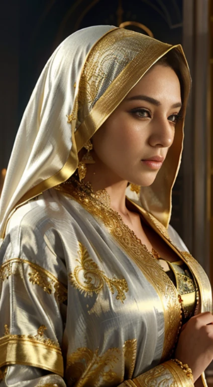 woman in red hijab holding cigarette, light gray blue and gold, gold strokes with fine details, fine detailed features, royal dress, sheer gold details, arabesque, robe with gold characters, elegant and graceful, intricate filigree details, very intricate details and very fine, ornate flowing robes, robes. very high detail, gold embroidery