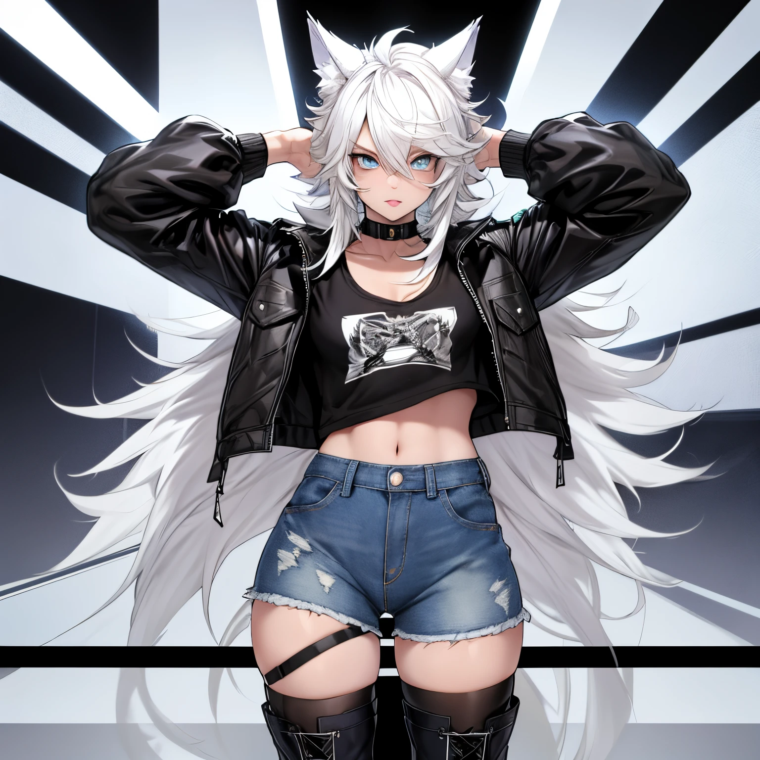 Single boy, Anime Femboy, Short, Long white hair, wolf ears, wolf tail, blue eyes, wearing short denim shorts, thigh high fishnets, black combat boots, wearing fur lined open jacket, flat chest, super flat chest, wearing cropped t-shirt, solo femboy, only one femboy ((FLAT CHEST)) solo, alone, (SOLO)(ALONE) thicc thighs, wide hips, blue eyes, perfect eyes, perfect face, pouty lips, happy