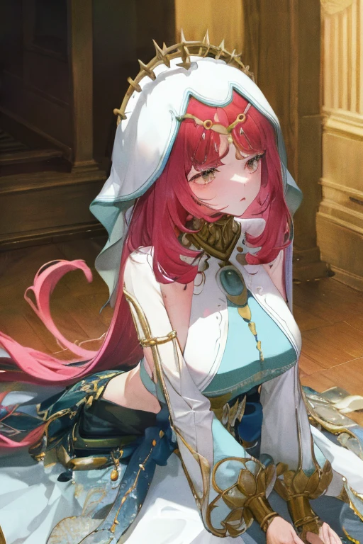 kneels on the ground，Eyes empty and dull，humongous large breast，Bareleged，vestments，Clothes 99%avas