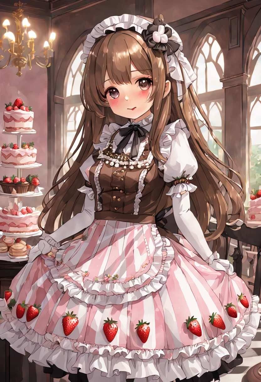 2girls、cute little、panoramic view, head to feet view, masterpiece, top-quality、Top image quality, a village bakery shop table with beautiful highly detailed gold tier cake stand with whipped cream pastries fruits, slice of cake, bear shaped butter cookies, french pastries, detailed coffee cup, background, loli cute waitress, miuna, slender, (brown hair:1.3), cute face, sparkle big brown lavender purple eyes long lashes, medium breasts, (long hair:1.2) detailed cute strawberry ribbon waitress head-dress, full body, (round face:1.4), (round chin:1.4), (glossy lips:1.2),jirai kei,Smile, BREAK, ((gothic lolita janska:1.5)), (Wain reddo jewelry decorated waitress striped pink white and brown dress, lace decoration),((Princess in a gorgeous rococo ball gown decorated with beautiful pink white strawberry pattern and gold embroidery and jewels, with a voluminous full-length hoop skirt with ruffles)), ((crinoline)), (sparkle) of the anime girl, normal hands, detailed five fingers on each hand, 2 hands, 2 legs, 2 feet, white stocking, thigh-highs, lace, brown heel shoes open toe, standing in a dynamic pose, adorned with kawaii accessories cute teddy-bear charms, detailed ((golden chain attached to a brown teddy-bear face plush purse)), muted colors, pale pastel colours, at background detailed cute fluffy brown bear table of desserts fruits, soft warm inviting,pastel brown, white, yellow, light pink colors, striped pink white and pink bakery party, illustration in the style of @ekureea on X twitter, Lolita glam dress, art by @hareroom1 on Twitter, beautiful line art, manga, beautiful line art, manga style, manga art style, pencil and ink caricature drawing, flat colours, detailed, attention to detail,