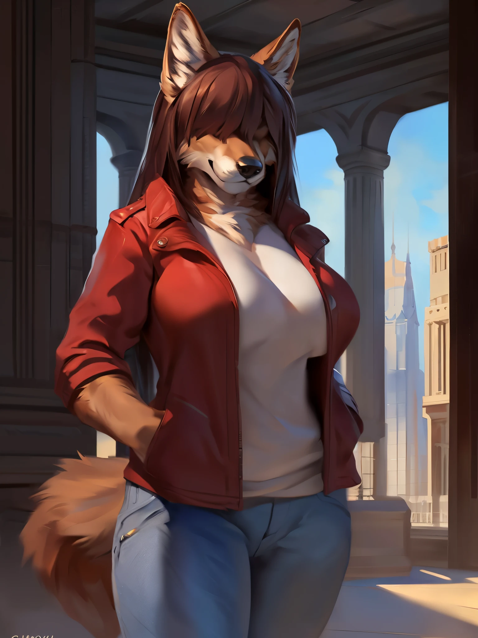 female, ((canine, snout, hair covering eyes, straight hair, medium hair, flat hair, ears, thin snout)), brown fur, big poofy tail, raised tail, dark maroon hair, (muscular, big breasts), solo, smiling, red puffer jacket, jeans, (((realistic, lifelike, super realistic, HD, photo, photorealistic))), by honovy, by foxovh, by taran fiddler, by chunie, by einshelm,  standing, city