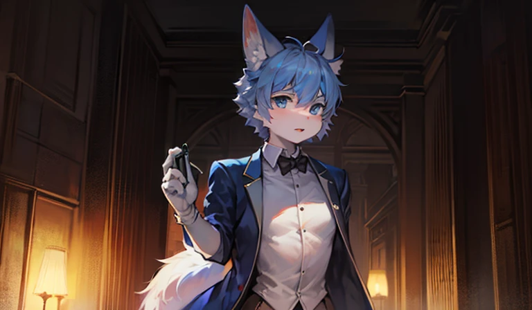 Wearing a blue and white gradient tuxedo、 White gloves and top hat、Blue-eyed white fox French drama elements