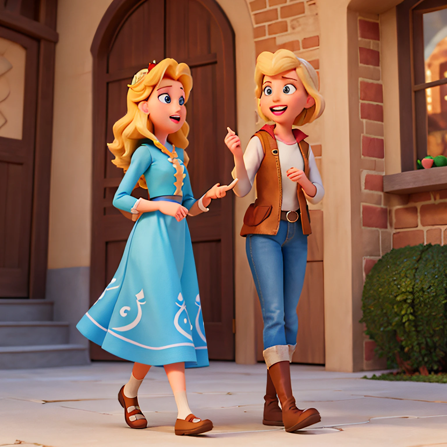 A Disney Pixar peasant talking to a blonde princess inside the castle, arte digital distinta estilo Pixar, focus on character Expressions, cores vibrantes e texturas de detalhes.