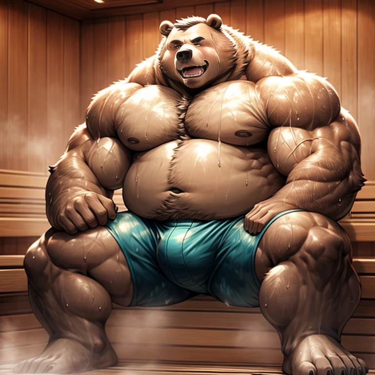 giant human bear, Very fat and muscular, in sauna, Wear black leggings，(large bulge:1.3), The arms and legs are very muscular, He has a determined expression on his face, fur soaked with sweat, Sweat drips on the floor, Piping hot, , Veins show across his muscles and abdomen