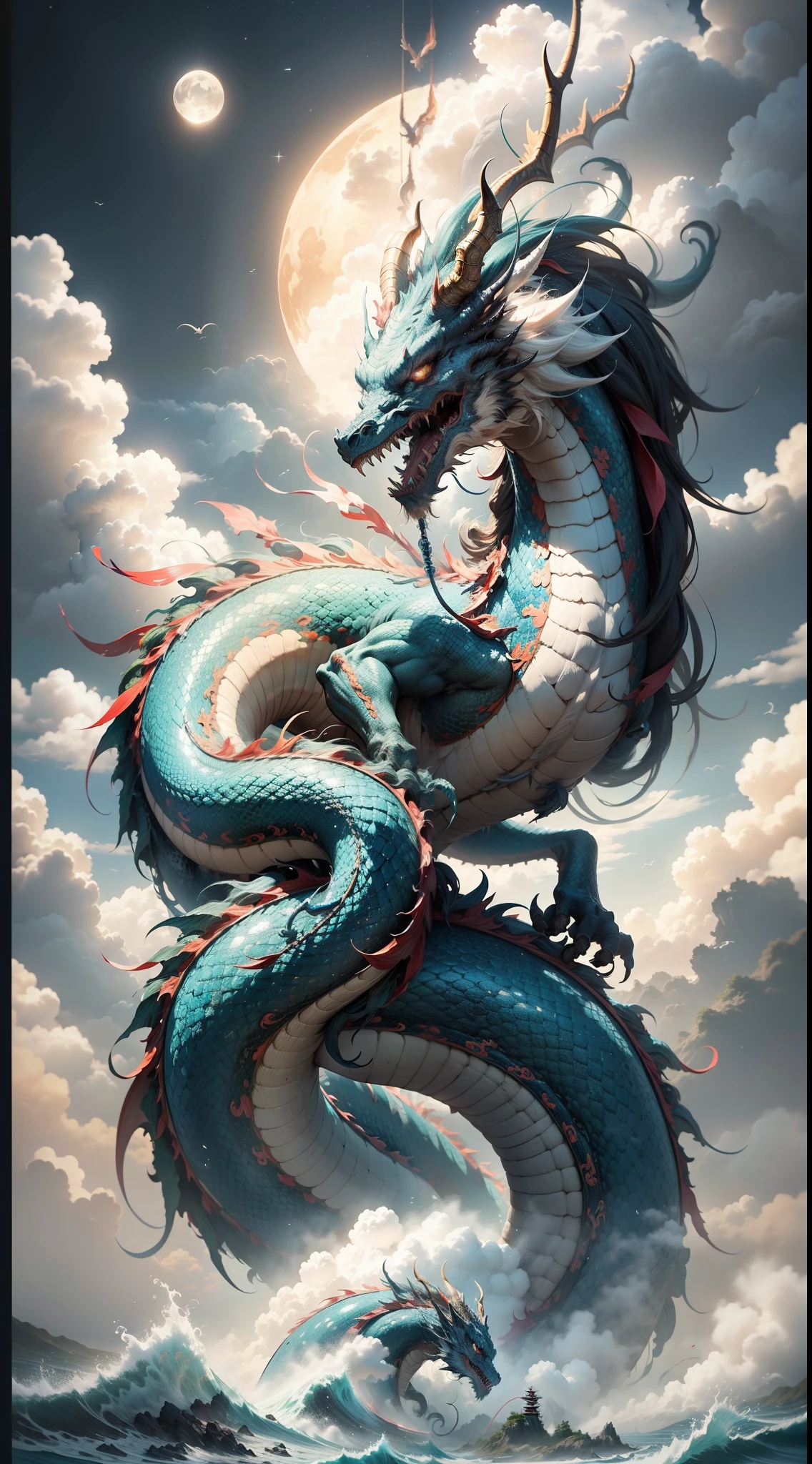 The sun and moon shine together，blue sky background，Dragon walking in the cloudajestic Chinese dragon，The sea of clouds is turbulent，（The waves are rough），fairy mountain island，Exotic beasts，（（Surrounded by clouds）），（Chinese architecture），high high quality，ultradetailed，Detailed pubic hair，Accurate，（tmasterpiece），artworks，（16K resolution），电影灯光，dynamic viewing angle，