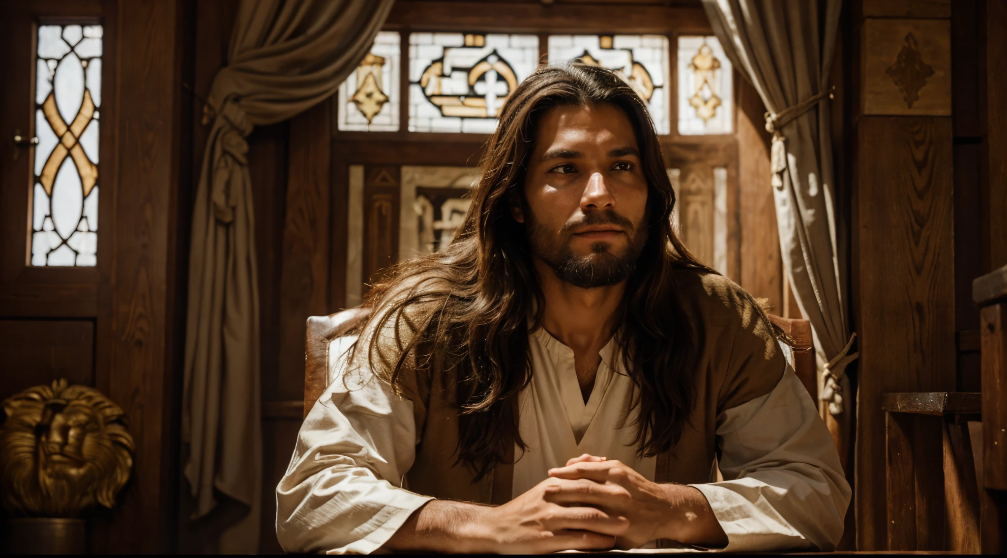 Daniel, a man of faith: A representative image of a man in Jesus' period clothing in prayer, with an expression of devotion and faith on his face inside the lion's den