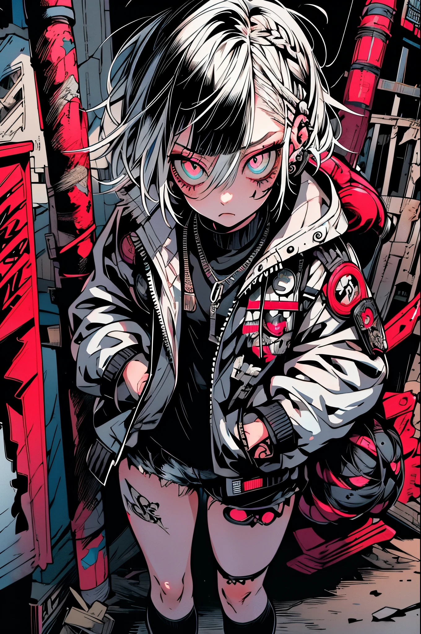 Step Piece, Best Quality, Best Illustration, Ultra-detailed,girl, White hair, Cool Black Open Short Jacket, The tattoo, Messy Fade Cut Hair, side braided hair,Crazy, standing with an eerie feeling, abandoned amusement park background,knee high socks,quirky sneakers,Eyeshadow on the eyes,unusual colored eyes, Eyes of fear, Vivid eyes