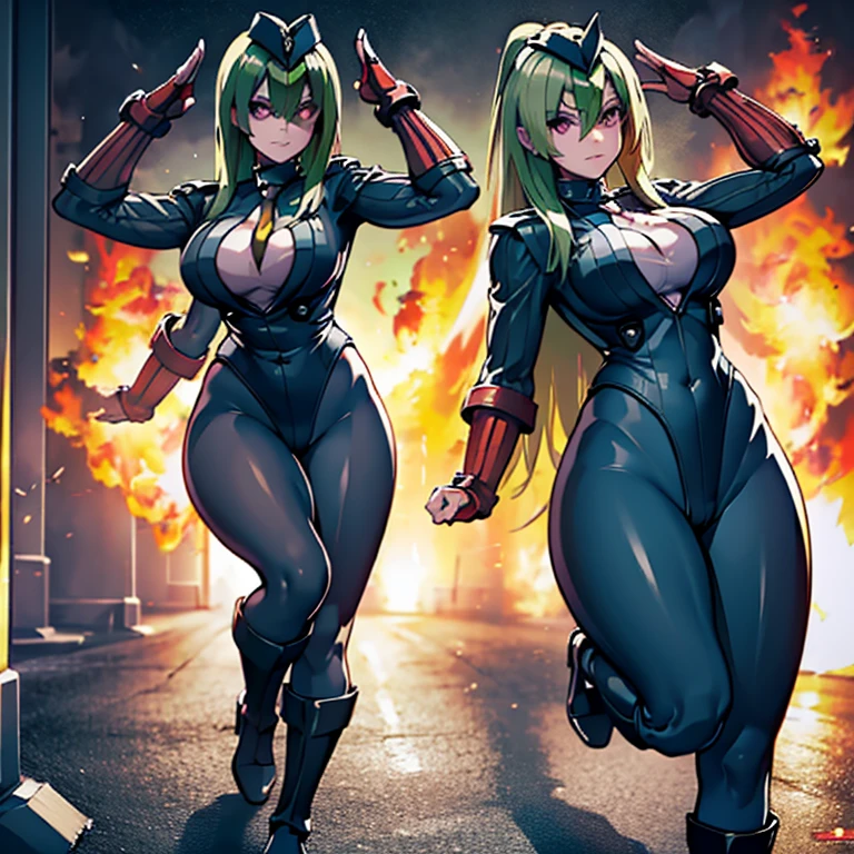 ultra-detailed, Explicit, Beautiful body, Beautiful Nose, Beautiful character design, perfect eyes, perfect face, ultra highres, 4K, beautiful legs, perfect legs, Nice hands, Perfect hand, Masterpiece, Best Quality, Highly detailed, illustration, absurdres, street fighter, doll suit, shadaloo doll, dollsuit, girls, multiple girls, expressionless, blank eyes, looking at viewer, red gloves, emotionless, black latex, corrution, mind control, female combatant, full body, hypnotized, unhappy trance, full body suit, ribbed bodysuit, both arms at side, stand up straight, obey, perfect female body, extremely glossy latex, hypnosis, hypnoLora, empty eyes, Mind control device, poses, submissive_pose, Slave, hat, necktie, stand up straight, standing, standing at attention, hat, necktie, belt, extending the right arm from the shoulder into the air with a straightened hand, nazi saluting, military, military saluting, salute, right hand saluting, left hand at side, latex, ribbed bodysuit, wide hip, thicc, a curvy body, Red belt, mask on eyes, Isuzu Oshima, Heaven Burns Red, green hair, long hair, purple eyes