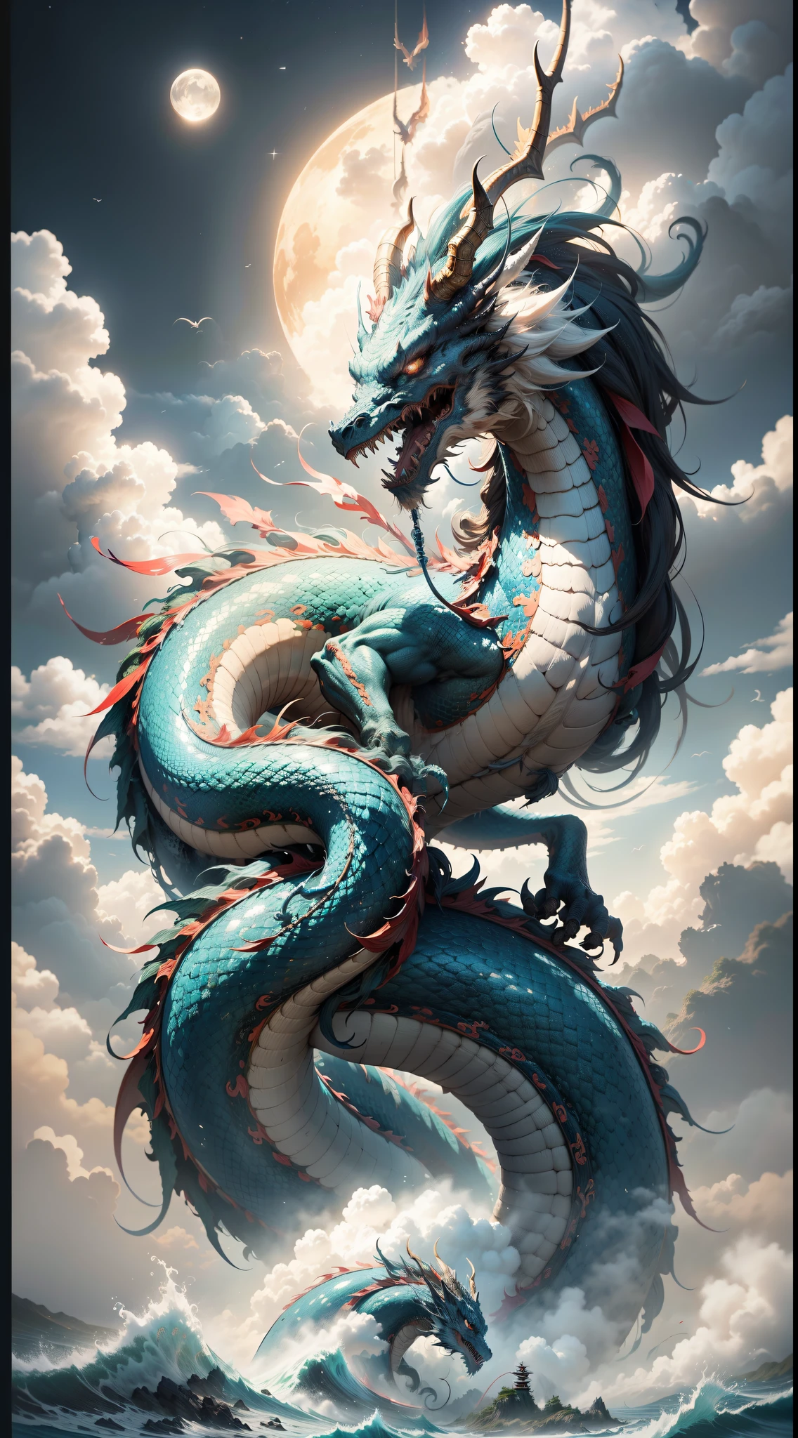 The sun and moon shine together,blue sky background,dragon walking in the clouds majestic chinese dragon,The sea of clouds is turbulent,(The waves are rough),fairy mountain island,Exotic beasts,((surrounded by cloud)),(Chinese architecture),high high quality,ultra - detailed,Detailed pubic hair,Accurate,(tmasterpiece),artwork of a,(16K resolution),电影灯光,dynamic viewing angle,